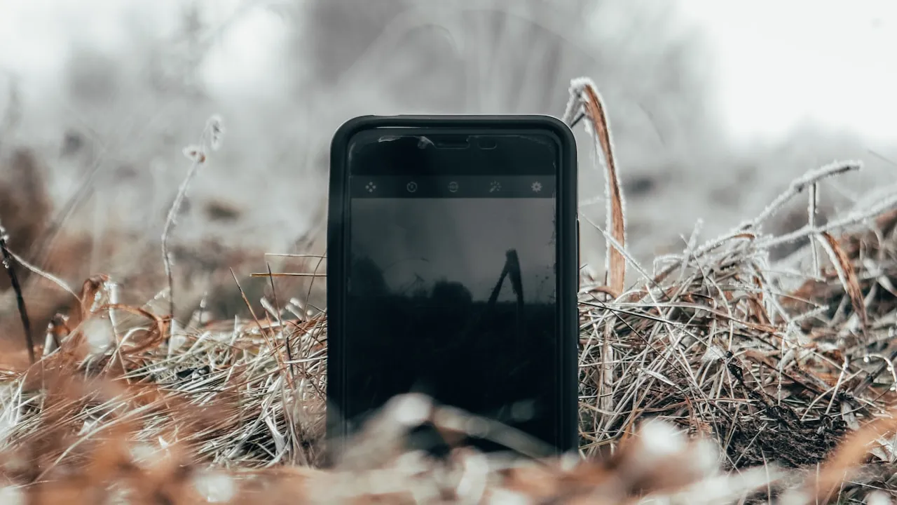Telefon negru căzut în iarbă, evocând un telefon pierdut