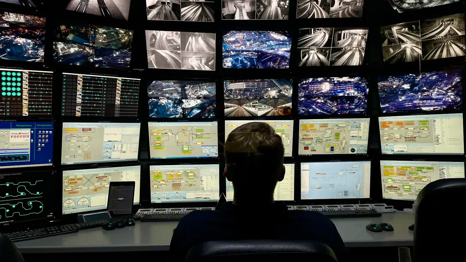 Specialist într-un centru de monitorizare a securității, în fața mai multor ecrane