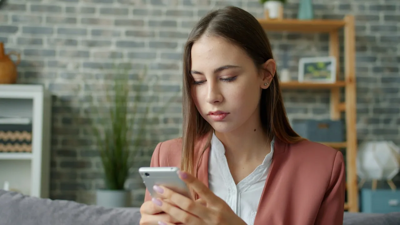 Tânără verificând atentă ecranul telefonului, într-o cameră de zi